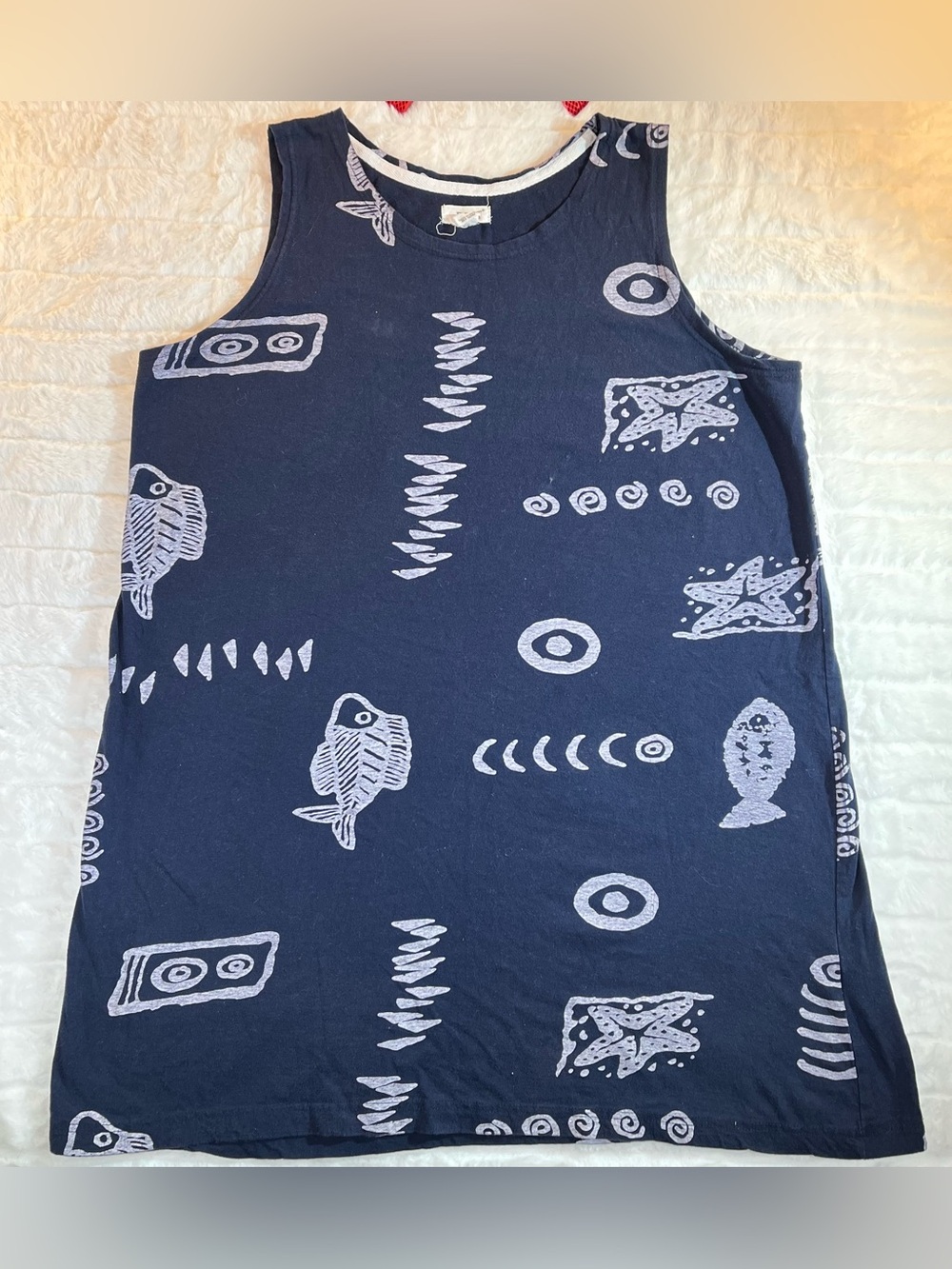 Exist Boho Fish Print Sundress Large Navy Blue White Tank Beach Coverup Cotton